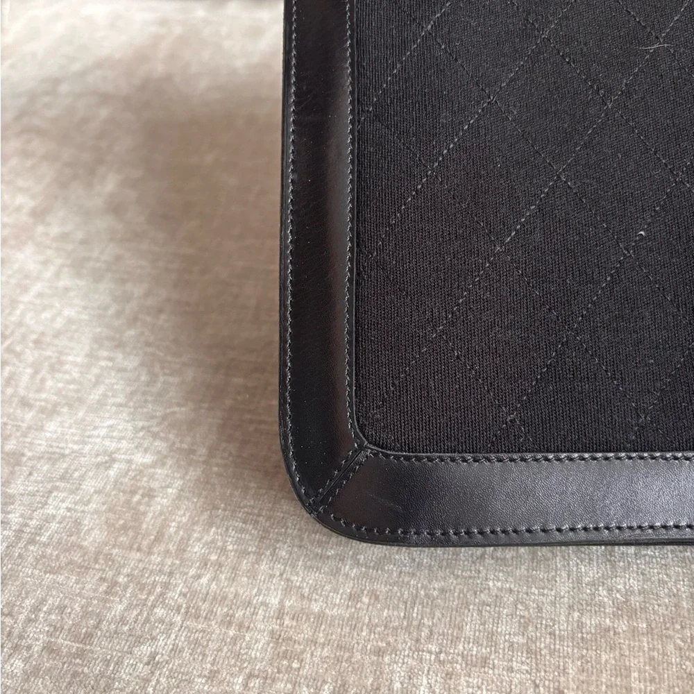 Authentic CHANEL coco mark cotton jersey push lock black leather vintage clutch - Picture 4 of 12